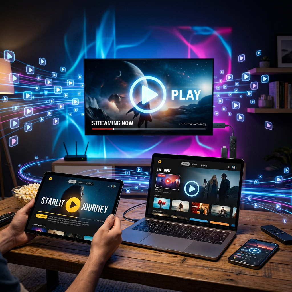 Streaming video playing on tablet, laptop, smartphone, and TV with play icons and progress bars
